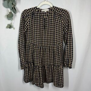 LOFT | Plaid Shimmery Long Sleeve Tunic Top Navy Yellow Gold Women's Size XSP